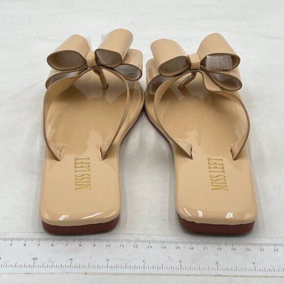 miss left Nude Versatile Open Square Toe Flip Flops Double Bowknots Slip On Shoe - Picture 5 of 8